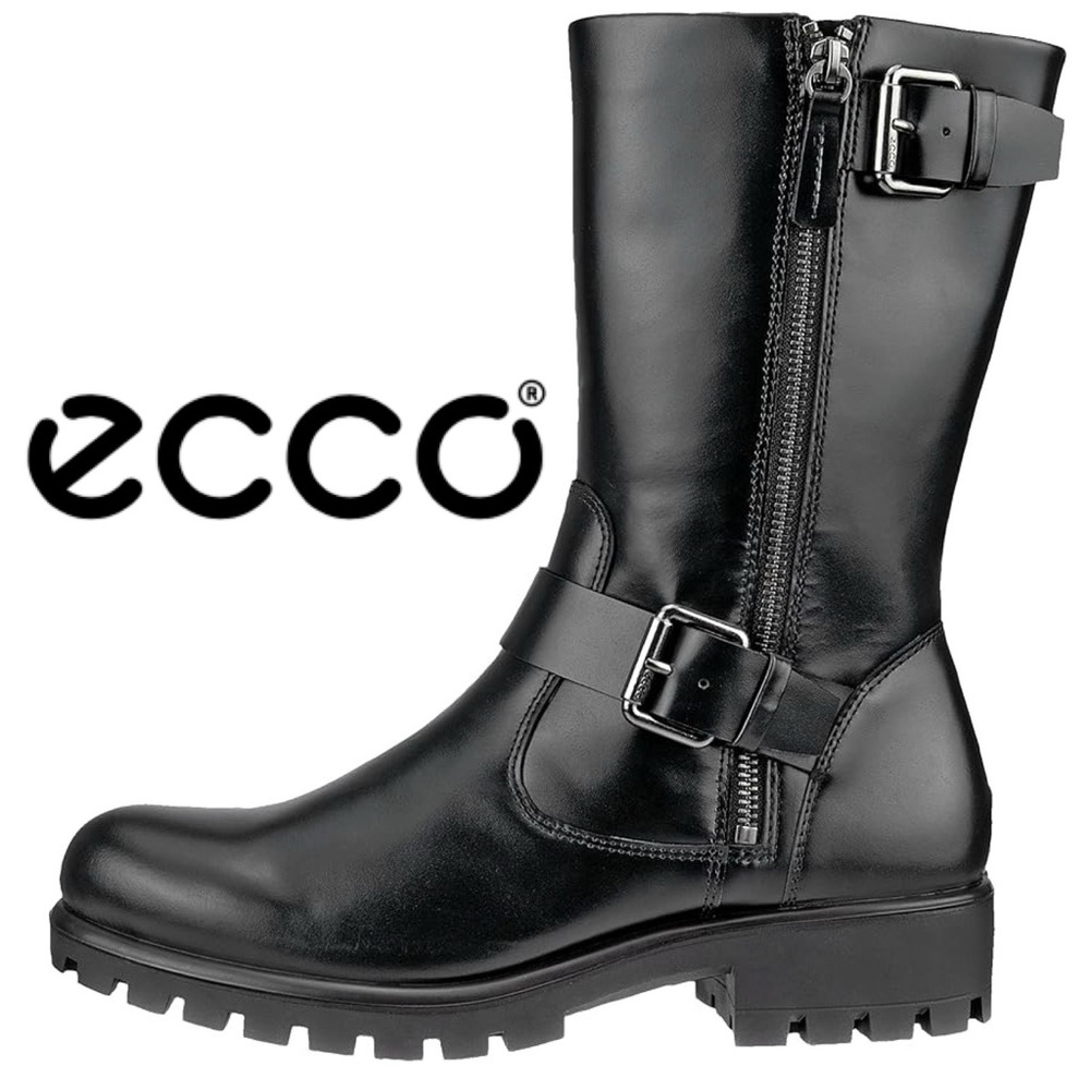 NWOB $259 ECCO Tray Tech Black Leather Biker Style Boots